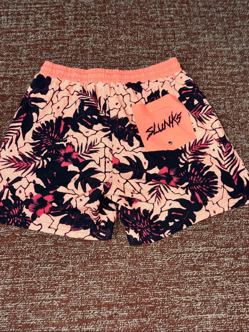 Slunks orange tropical print men’s lined shorts elastic waist beach volleyball